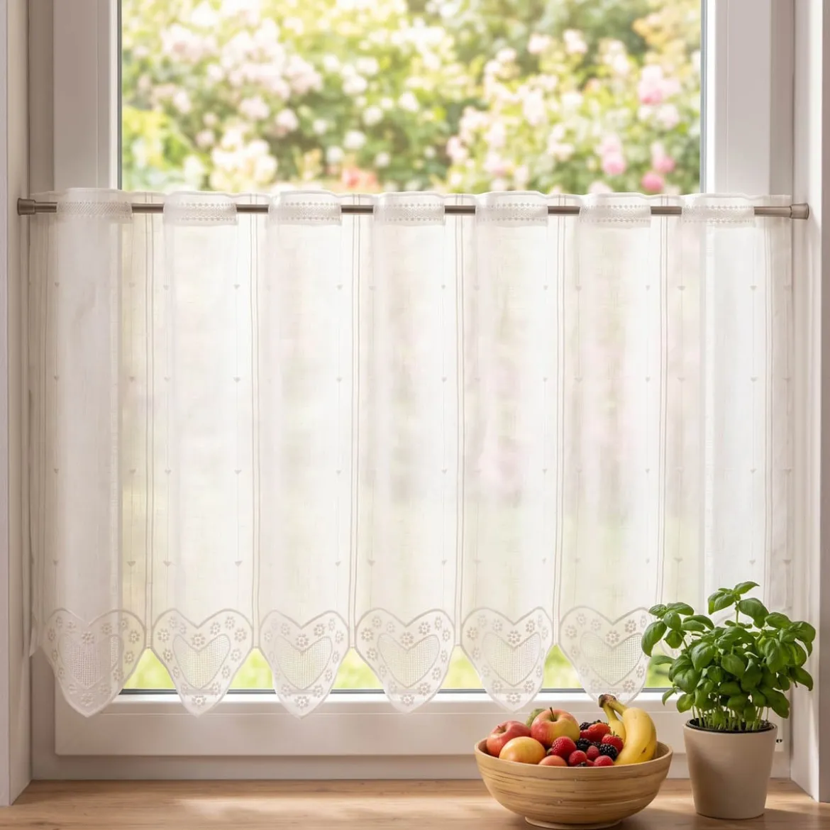Scheibengardinen Meterware nähfrei Leinenstruktur Stickerei Herz Blümchen ecru 60cm Höhe