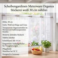 Scheibengardinen Meterware nähfrei Organza Stickerei abstrakt weiß beige grau 30cm Höhe
