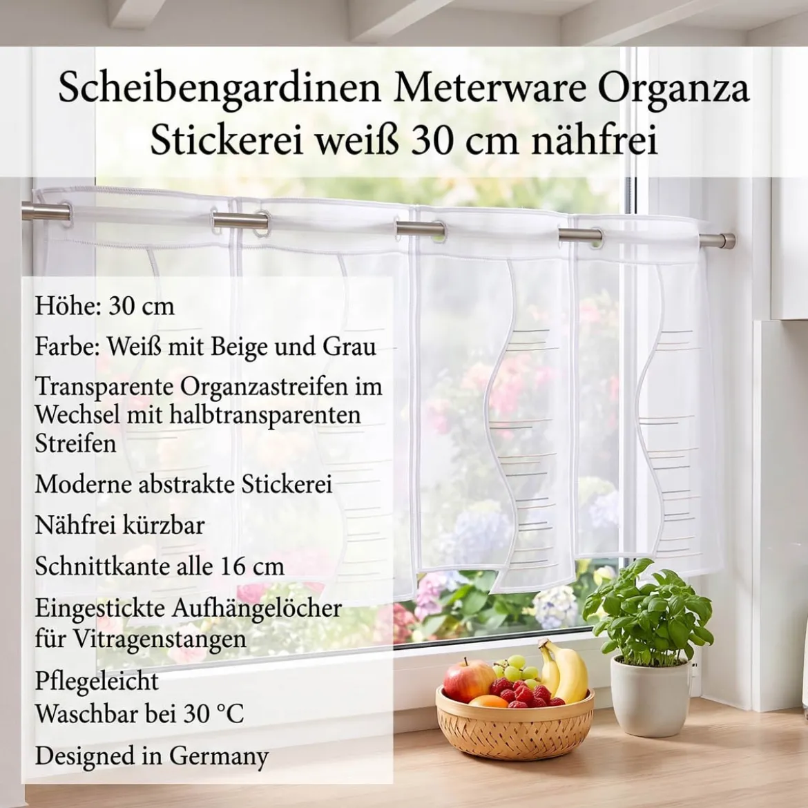 Scheibengardinen Meterware nähfrei Organza Stickerei abstrakt weiß beige grau 30cm Höhe