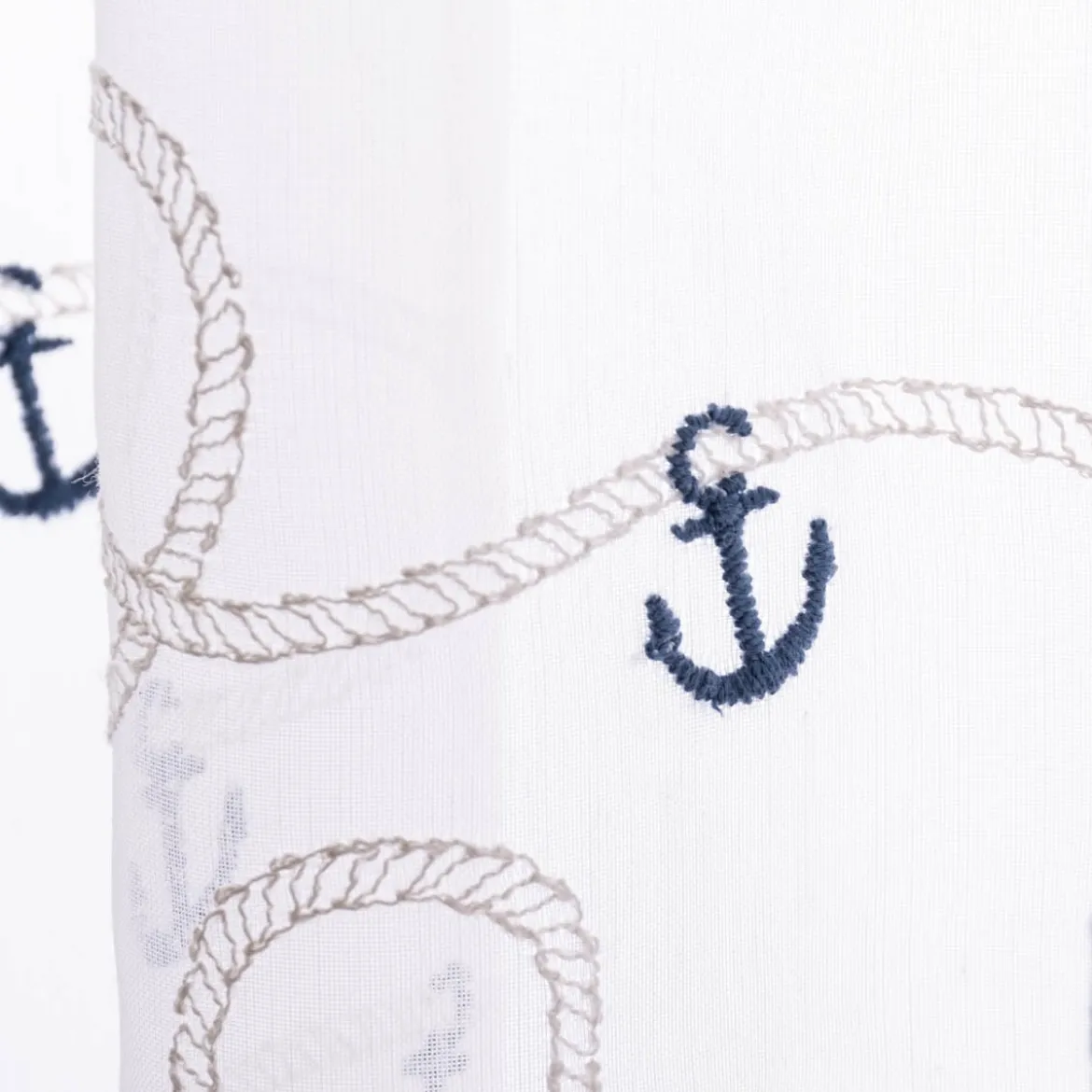 Scheibengardinen Meterware nähfrei Stickerei Voile maritim Anker weiß blau 30cm Höhe