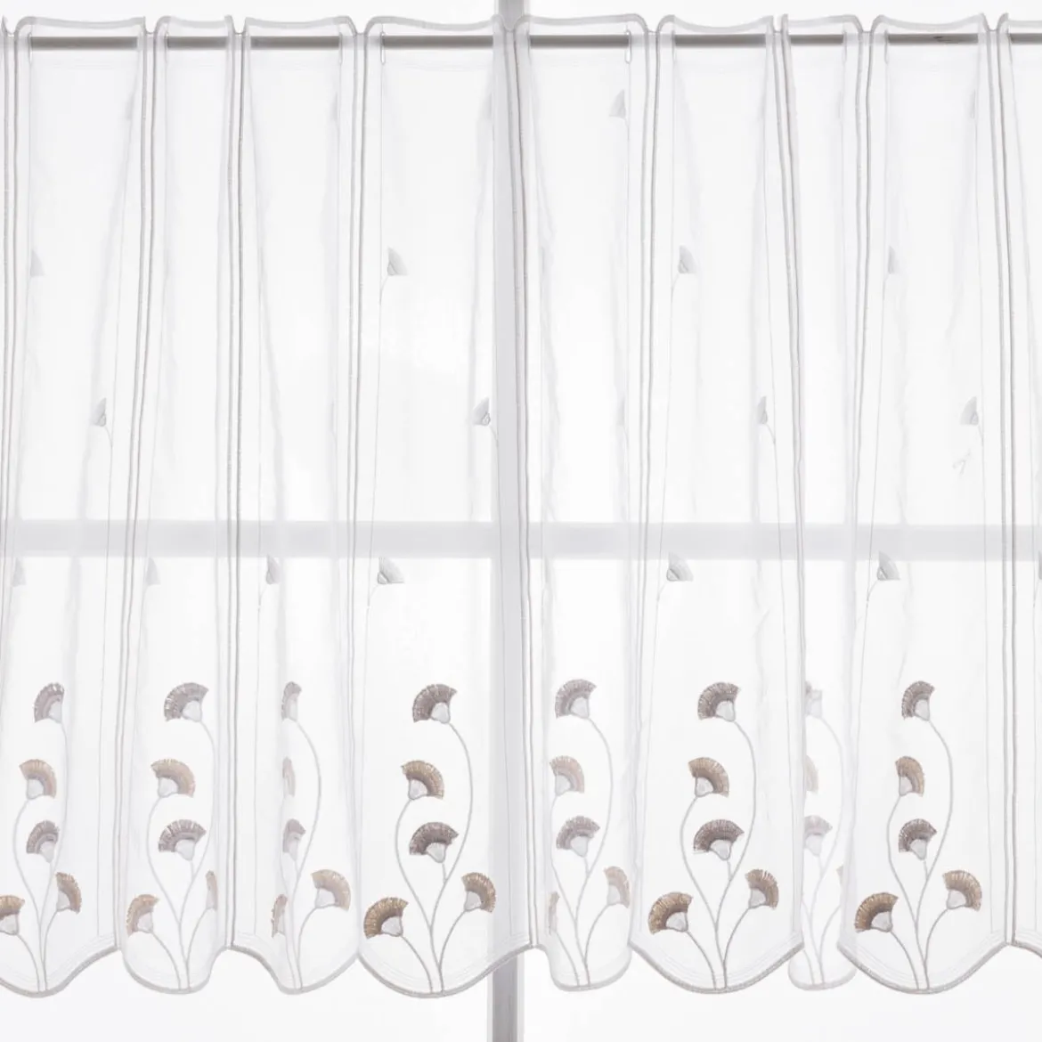 Scheibengardinen Meterware nähfrei Stickerei Fransen Blumen weiß grau beige 70cm Höhe