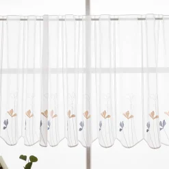 Scheibengardinen Meterware nähfrei Stickerei Voile Blumen weiß blau 60cm Höhe