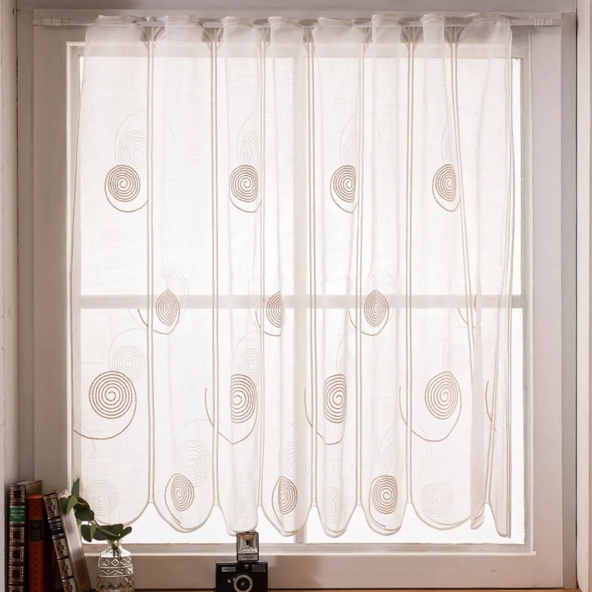 Scheibengardinen Meterware nähfrei Spiralen weiß beige 100cm Höhe