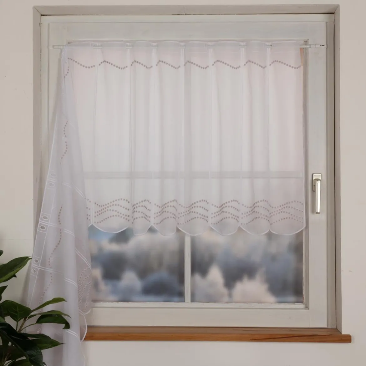 Scheibengardinen Meterware nähfrei Stickerei Pünktchen weiß beige 70cm Höhe