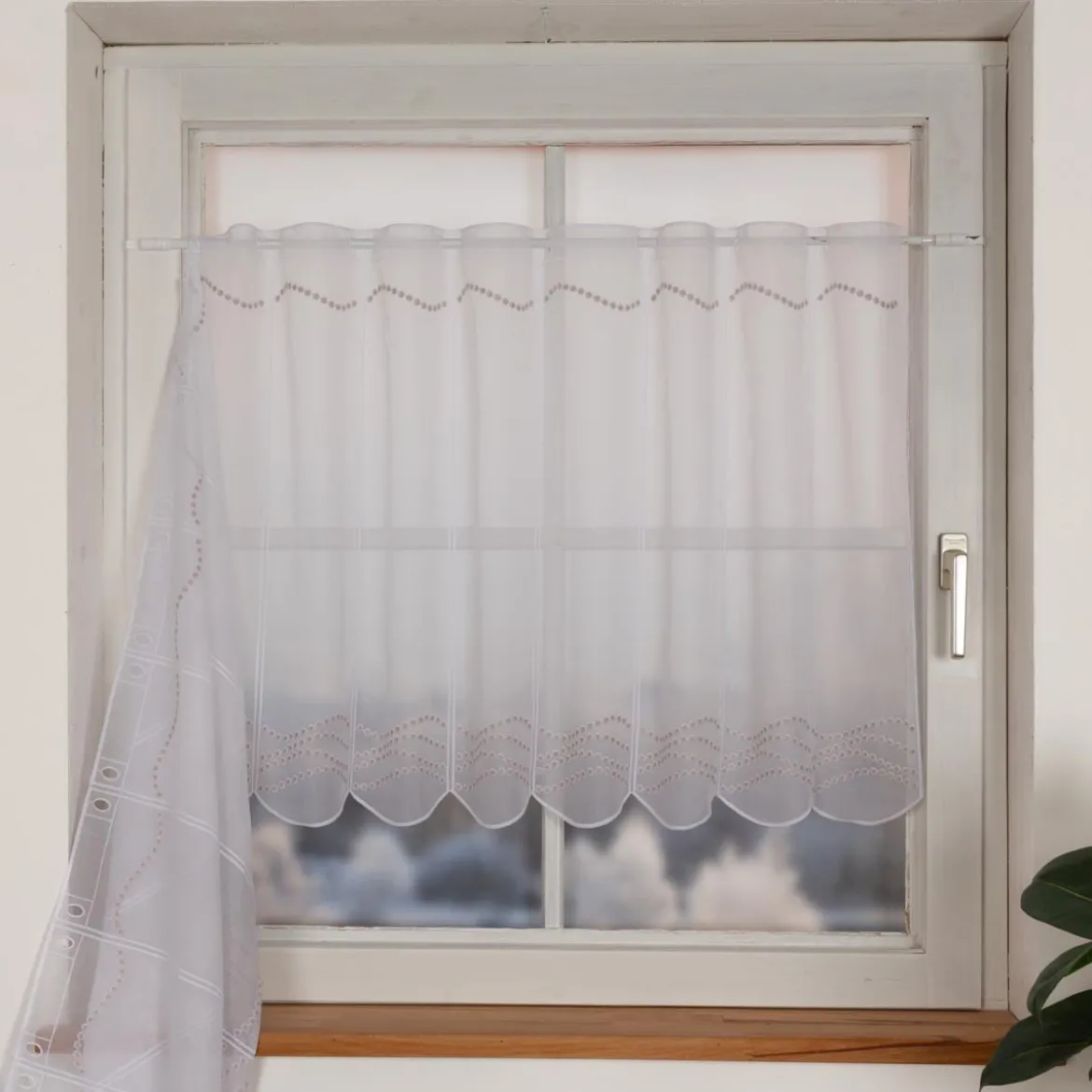 Scheibengardinen Meterware nähfrei Stickerei Pünktchen weiß beige 70cm Höhe
