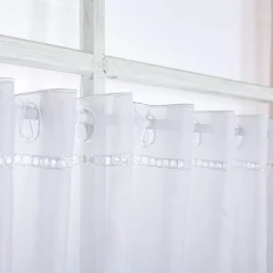 Scheibengardinen Meterware nähfrei Stickerei Kreise weiß grau blau 45cm Höhe
