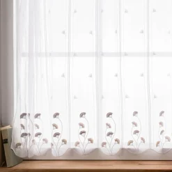 Scheibengardinen Meterware nähfrei Stickerei Fransen Blumen weiß grau beige 100cm Höhe
