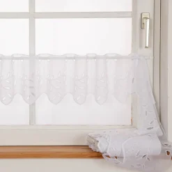 Scheibengardine Stickerei Batist-Voile Blätter weiß 20cm Höhe