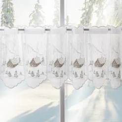 Scheibengardine Stickerei Leinenoptik nähfrei Winterhaus wollweiß 30cm Höhe