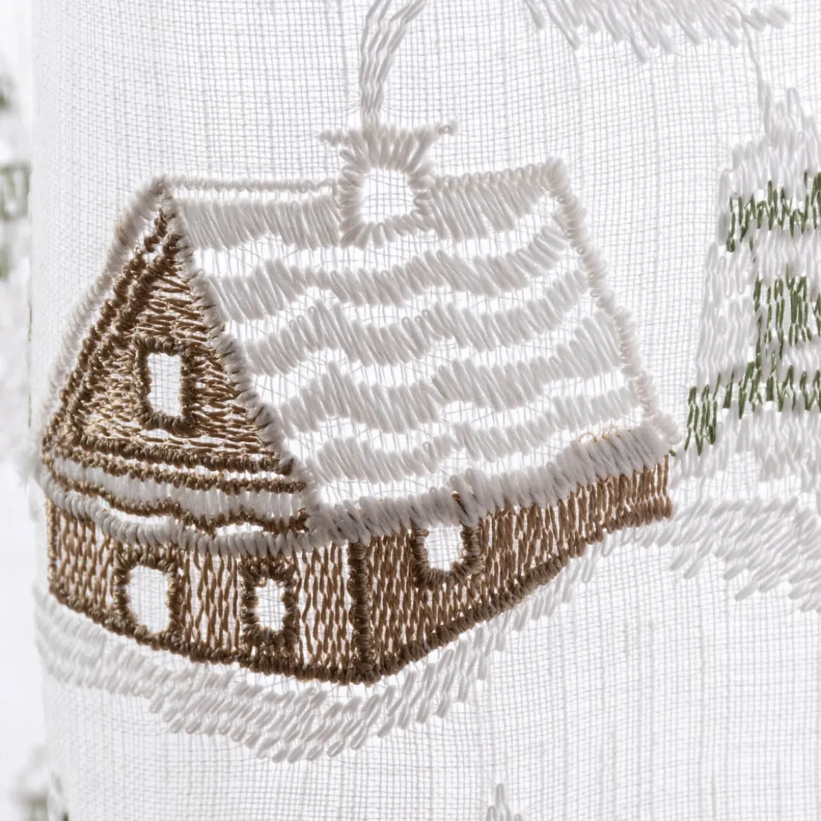 Scheibengardine Stickerei Leinenoptik nähfrei Winterhaus wollweiß 30cm Höhe