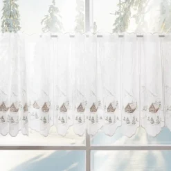 Scheibengardine Stickerei Leinenoptik nähfrei Winterhaus wollweiß 45cm Höhe