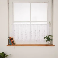Scheibengardine Stickerei Leinenoptik Blumen weiß 45x145cm (HxB)