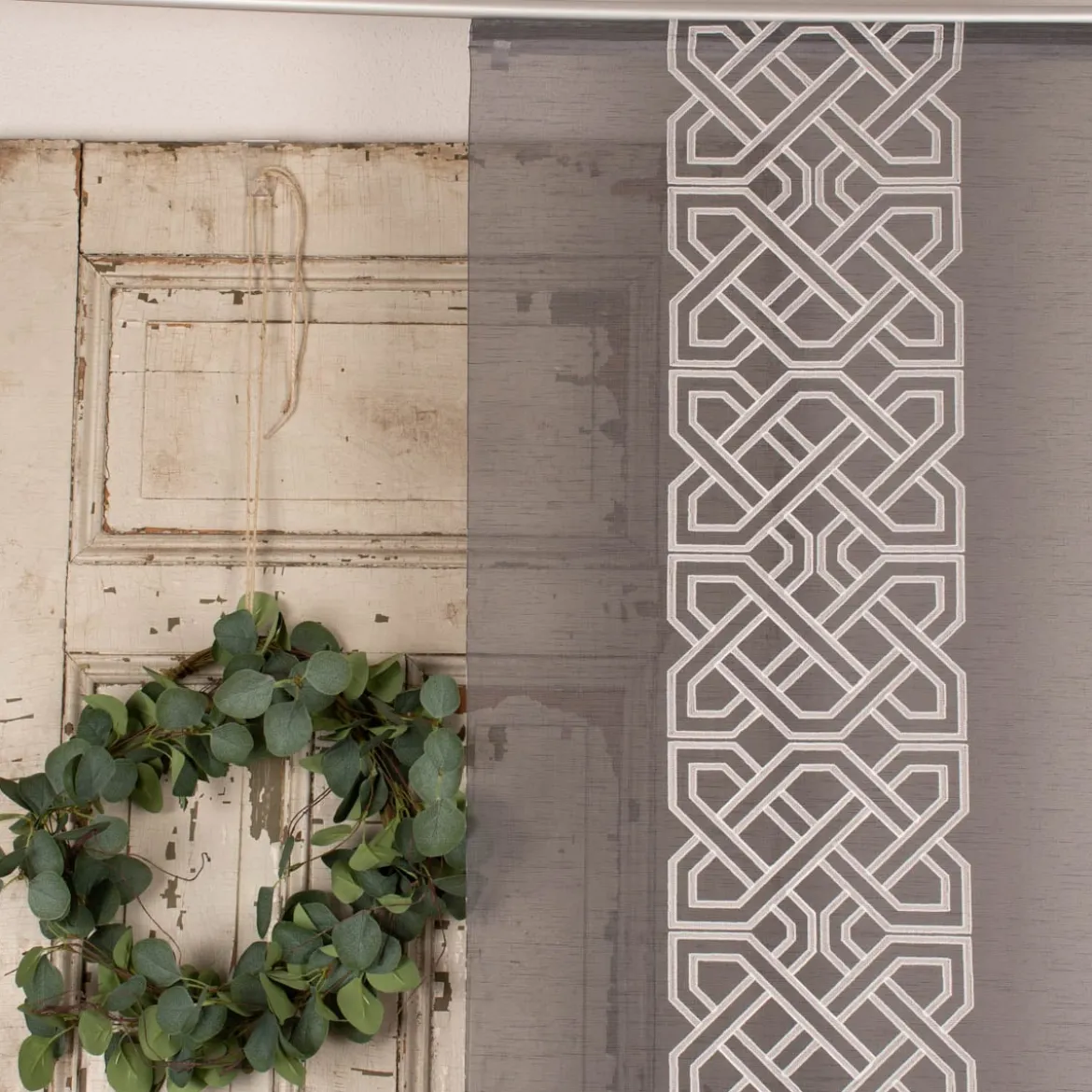 Schiebevorhang Batistoptik bestickt Ornament anthrazit grau weiß 245x60cm