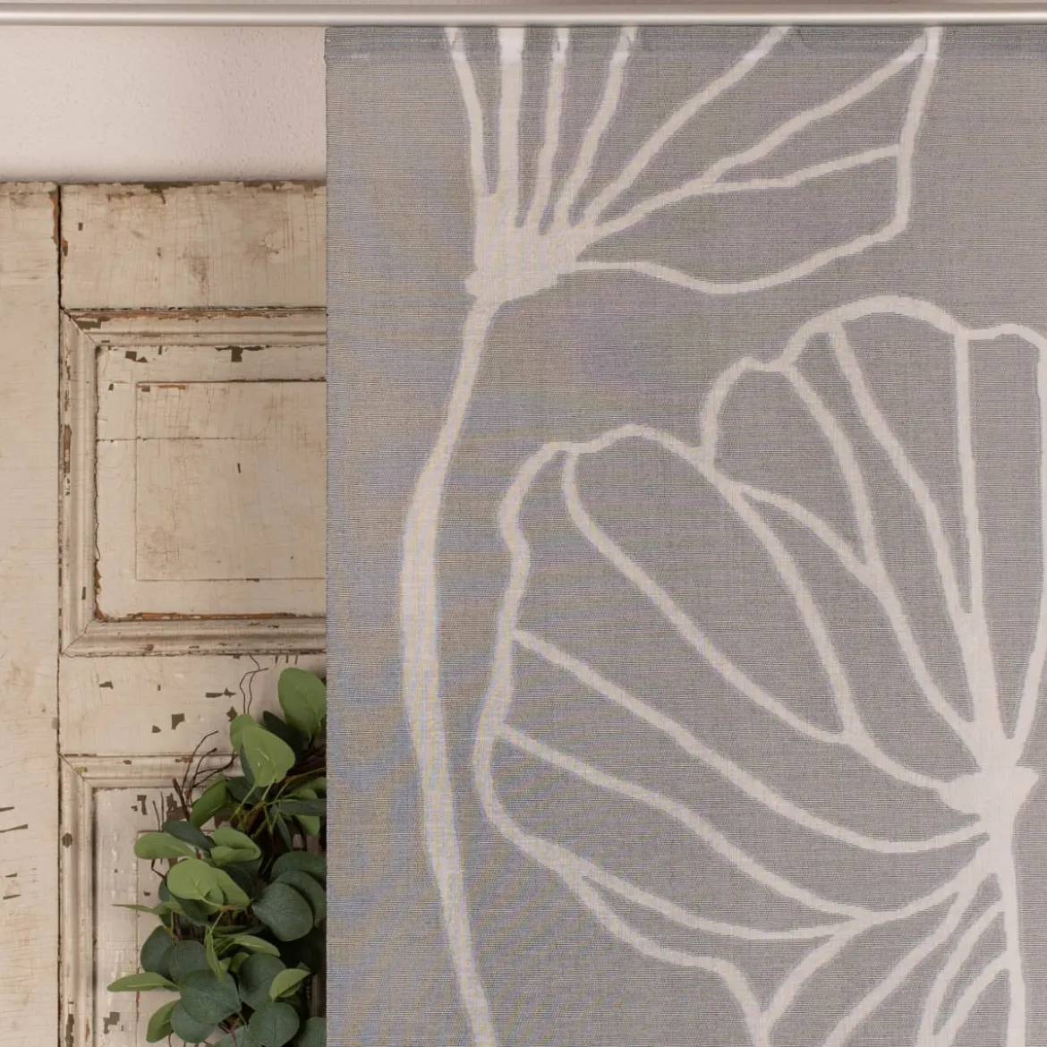 Schiebevorhang Schiebegardine Scherli Gingko Blätter halbtransparent inkl. Technik grau 245x60cm