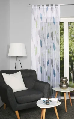Schlaufenschal Fertiggardine Voile Blätter weiß blau grün 140x245cm