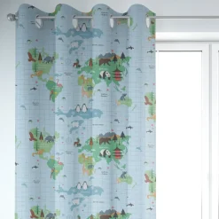 SCHÖNER LEBEN. Kinderzimmer-Vorhang Fryett`s Halbpanama Kinder Weltkarte Tiere hellblau 245cm oder Wunschlänge