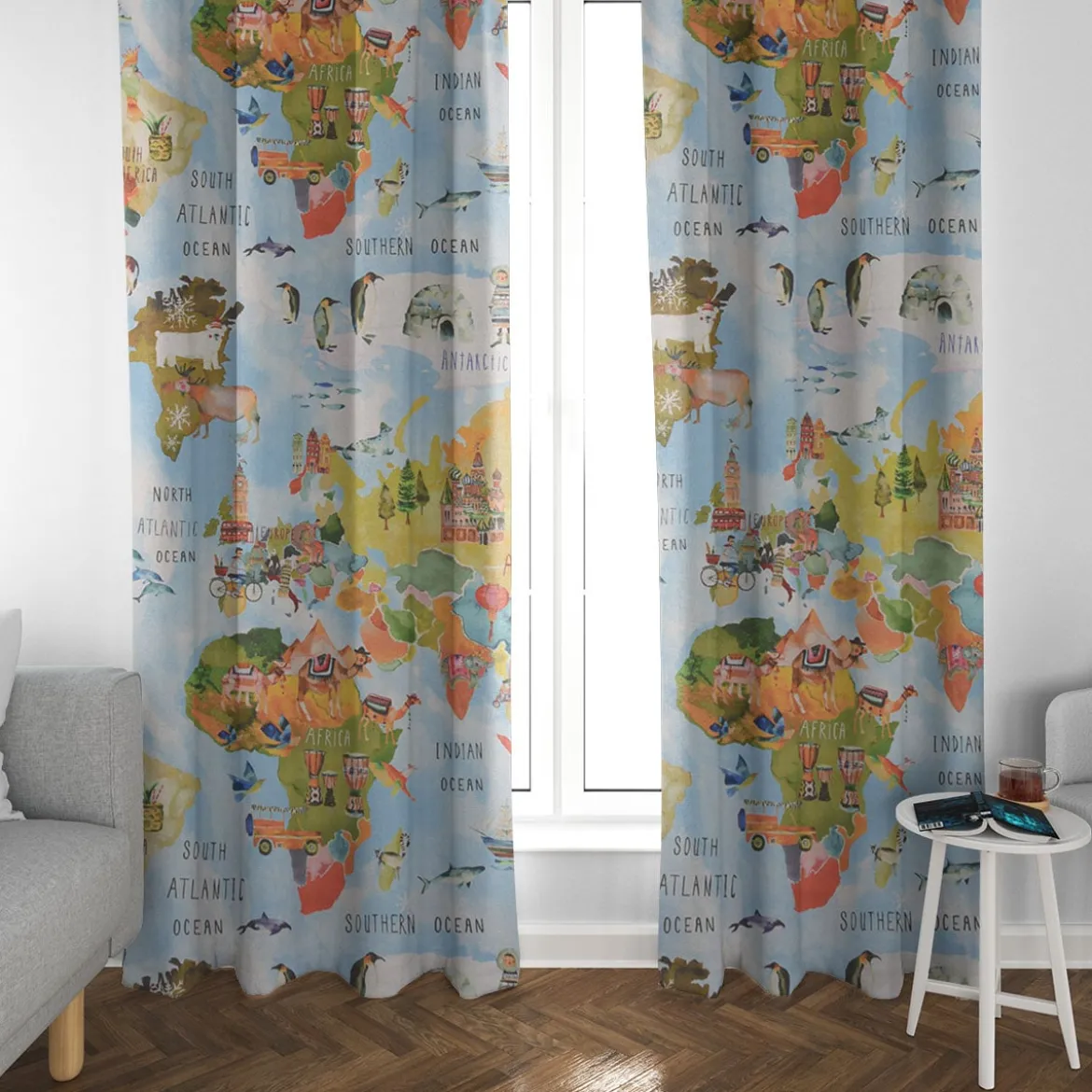 SCHÖNER LEBEN. Kinderzimmer-Vorhang Adventure Rainbow Weltkarte bunt 245cm oder Wunschlänge