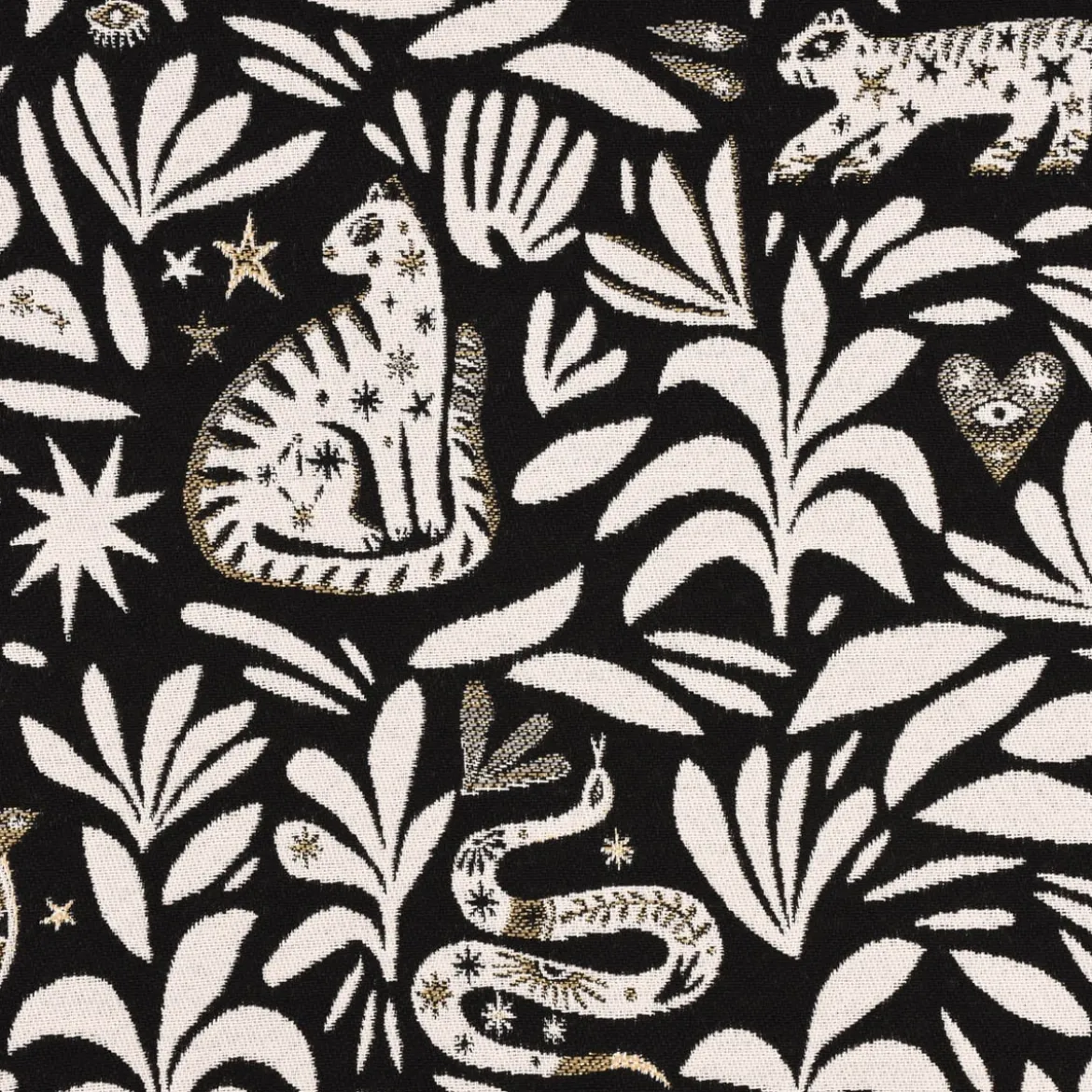 SCHÖNER LEBEN. Kissenhülle aus Jacquardstoff Mystik Blätter Schlange Vogel Wildkatze schwarz weiß goldfarbig verschiedene Größen