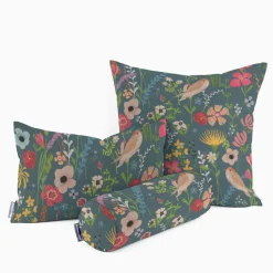 SCHÖNER LEBEN. Kissenhülle Outdoor Happy Garden Blumen Vögel blau bunt verschiedene Größen