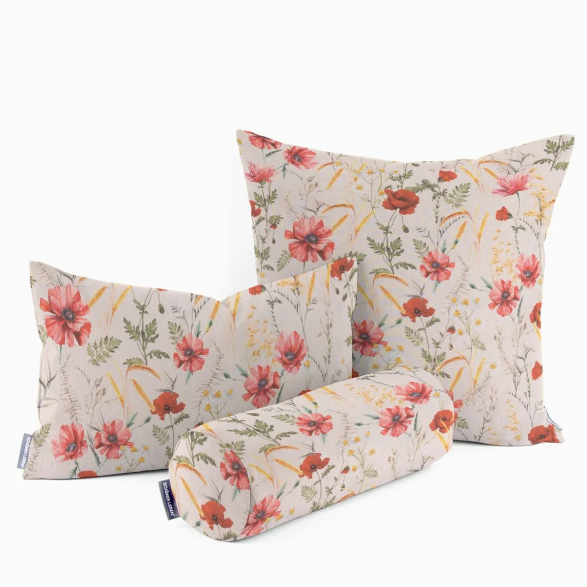 SCHÖNER LEBEN. Kissenhülle Poppy Mohnblumen Kamille Getreide beige rot verschiedene Größen
