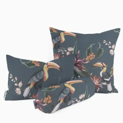 SCHÖNER LEBEN. Kissenhülle Velvet Digitaldruck Exotik Kakadu Blüten dunkelblau multicolor verschiedene Größen