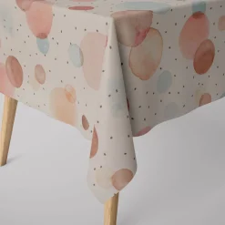SCHÖNER LEBEN. Tischdecke wollweiß mit Kreisen Aquarell-Tupfen pastell verschiedene Größen