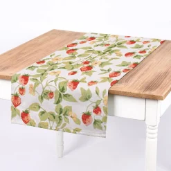SCHÖNER LEBEN. Tischläufer aus Baumwolle Gariguette Erdbeeren weiß rot grün 40x160cm