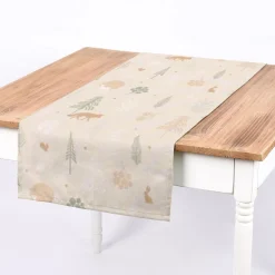 SCHÖNER LEBEN. Tischläufer Cold Forest Animals Bäume Waldtiere beige grün weiß 40x160cm