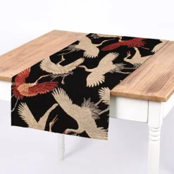 SCHÖNER LEBEN. Tischläufer Gobelin Cranebird Paradise Kraniche schwarz beige rot 40x160cm