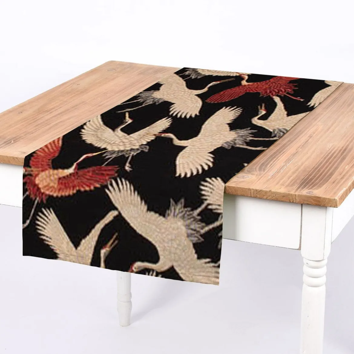 SCHÖNER LEBEN. Tischläufer Gobelin Cranebird Paradise Kraniche schwarz beige rot 40x160cm