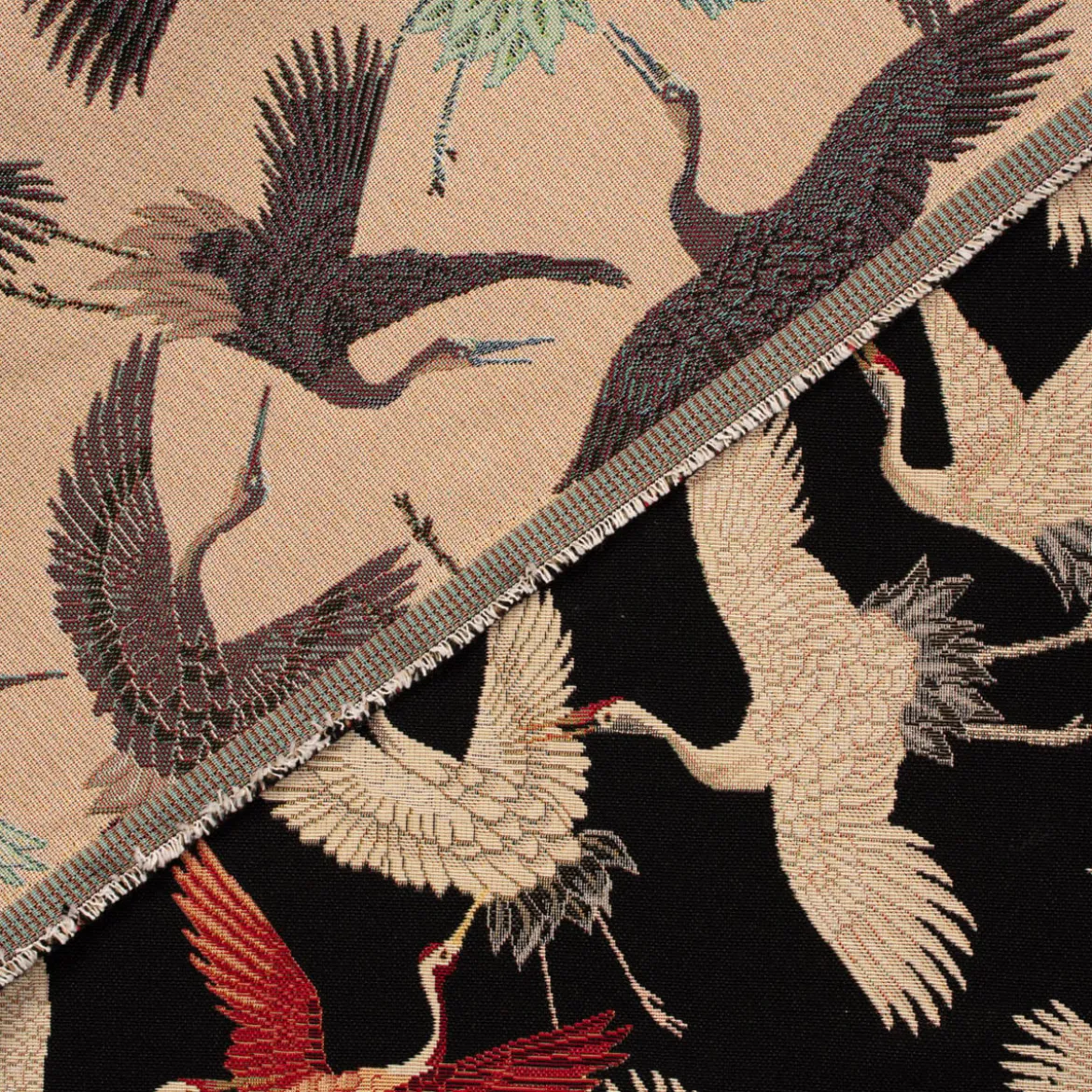 SCHÖNER LEBEN. Tischläufer Gobelin Cranebird Paradise Kraniche schwarz beige rot 40x160cm