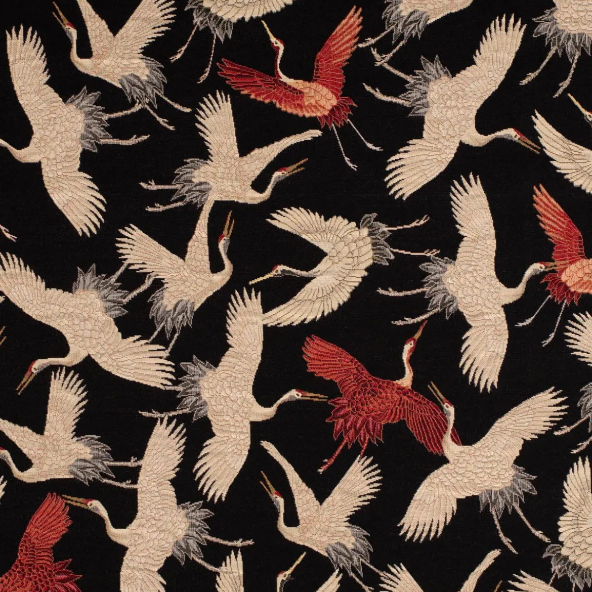 SCHÖNER LEBEN. Tischläufer Gobelin Cranebird Paradise Kraniche schwarz beige rot 40x160cm