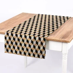 SCHÖNER LEBEN. Tischläufer Jacquard Metallic Cube Geometric Luxury 3D Würfel schwarz gold ecru 40x160cm