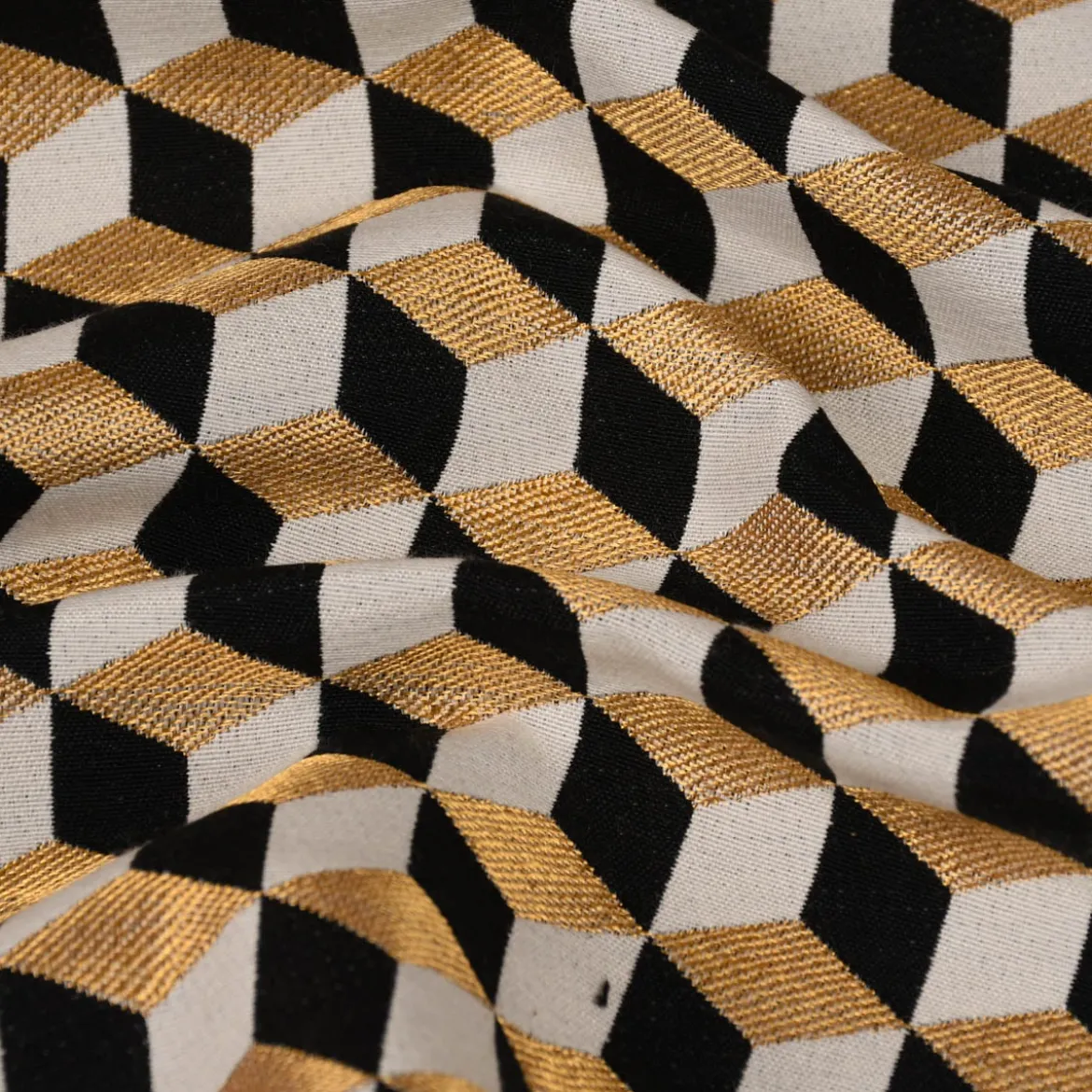 SCHÖNER LEBEN. Tischläufer Jacquard Metallic Cube Geometric Luxury 3D Würfel schwarz gold ecru 40x160cm