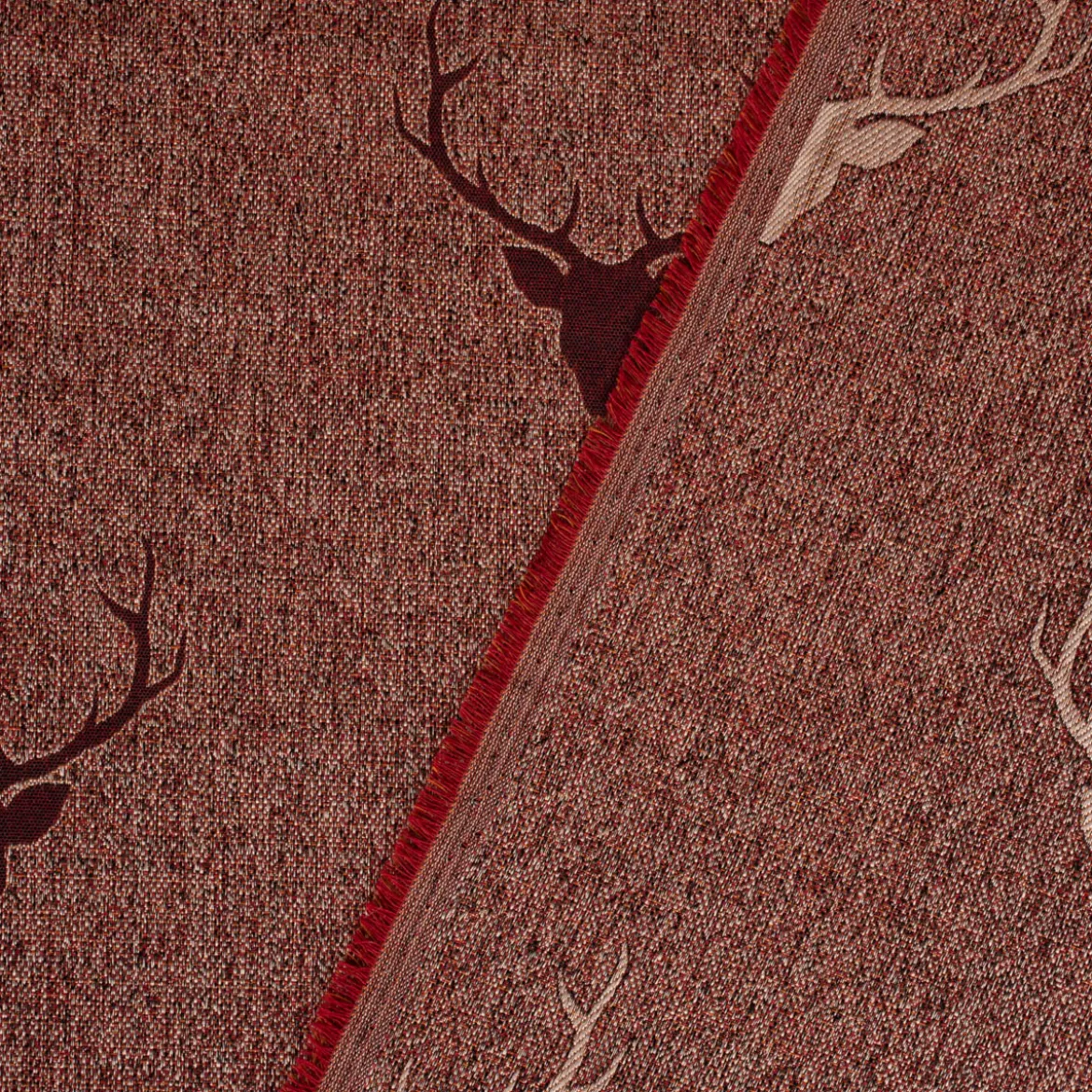 SCHÖNER LEBEN. Tischläufer Jacquard Hirschkopf mit Geweih rotbraun dunkelrot 40x160cm