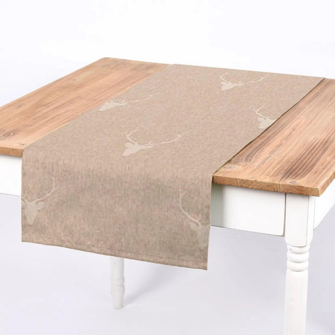 SCHÖNER LEBEN. Tischläufer Jacquard Hirschkopf mit Geweih beige hellbeige 40x160cm
