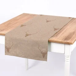 SCHÖNER LEBEN. Tischläufer Jacquard Hirschkopf mit Geweih beige hellbraun 40x160cm