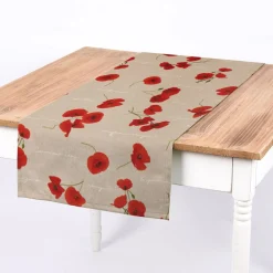 SCHÖNER LEBEN. Tischläufer Leinenoptik Mohnblumen Schriftzug natur rot grün weiß 40x160cm
