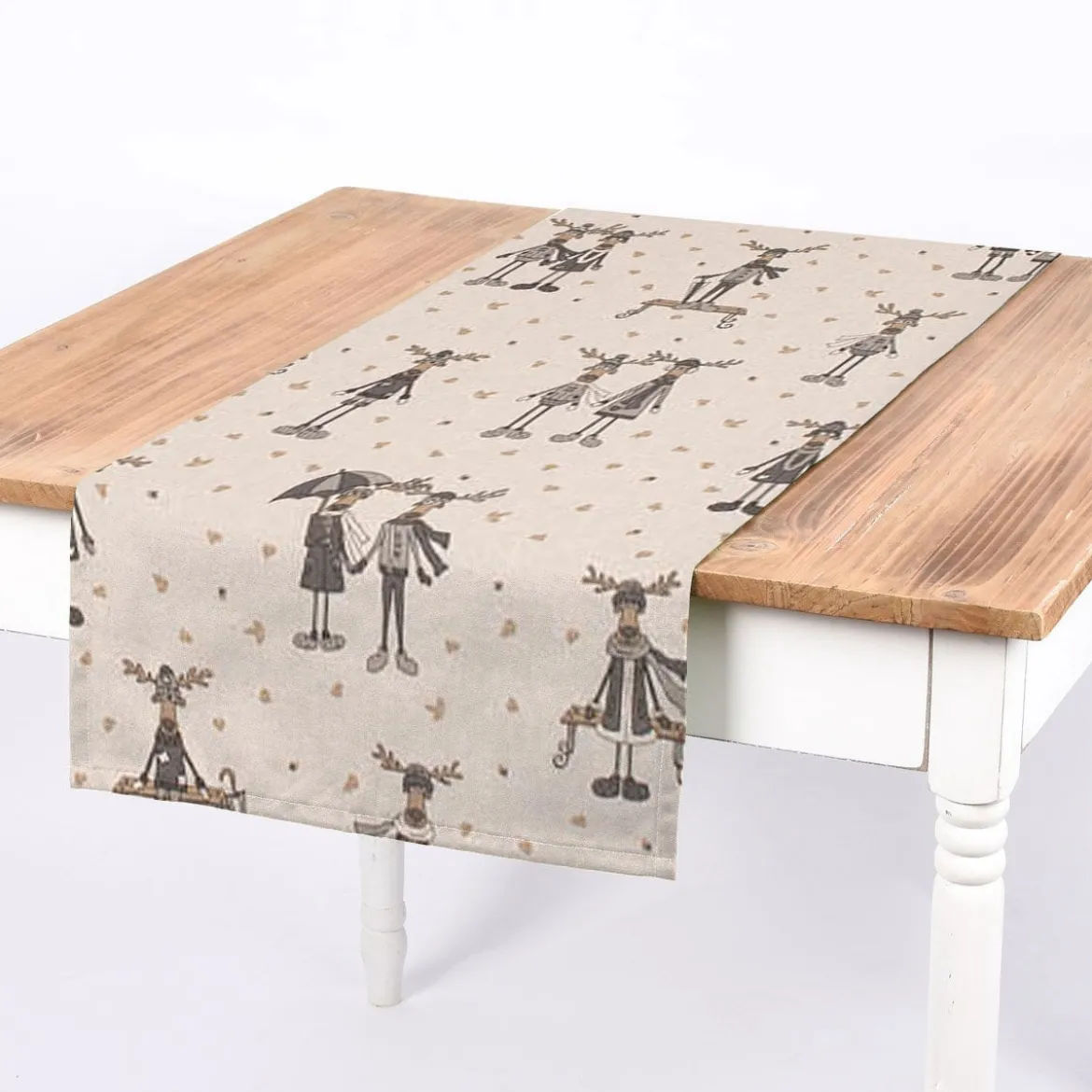 SCHÖNER LEBEN. Tischläufer Leinenlook Moose Winter Elche Love natur grau beige 40x160cm