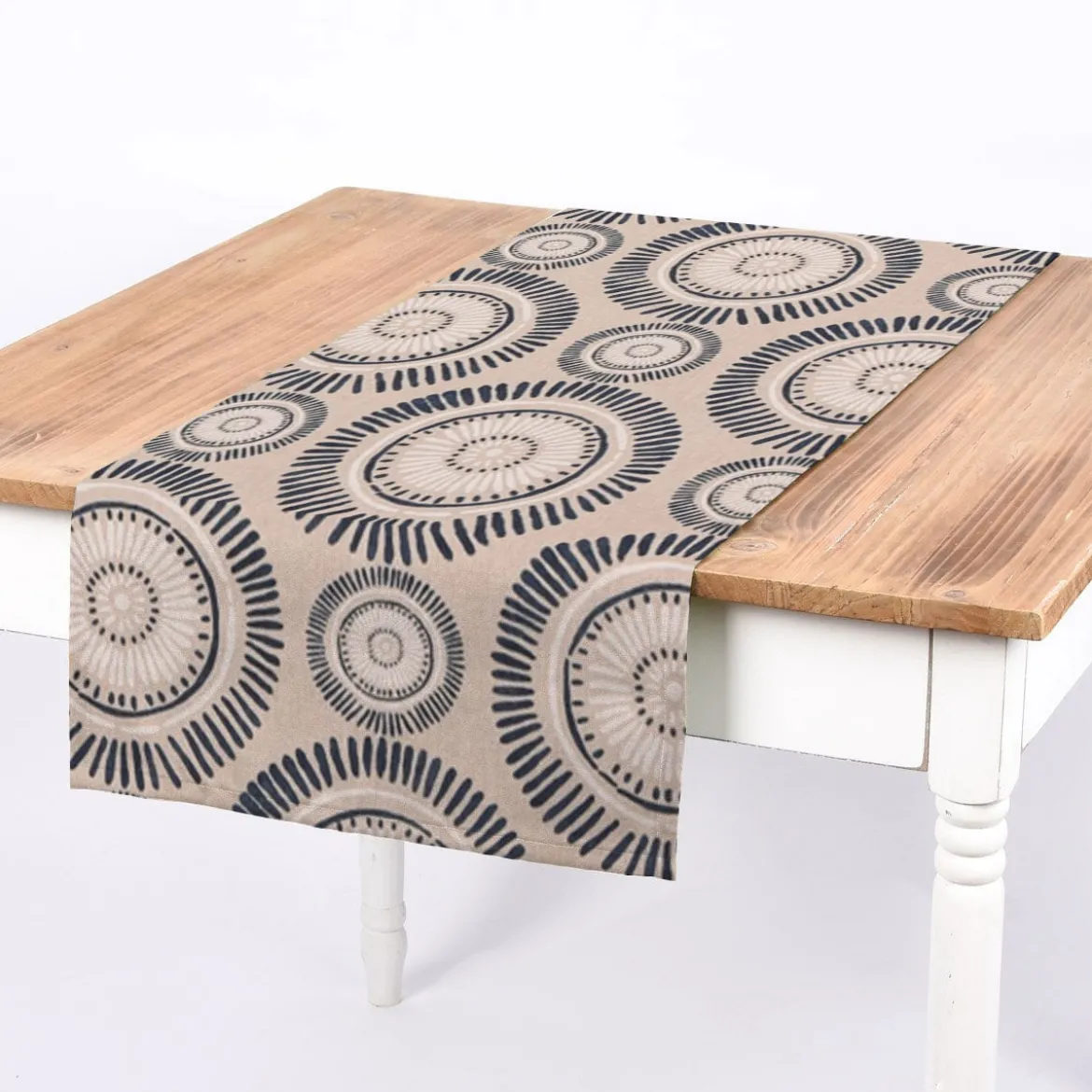 SCHÖNER LEBEN. Tischläufer Mandala Kreise Punkte Striche natur nachtblau cremeweiß 40x160cm