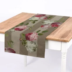 SCHÖNER LEBEN. Tischläufer Outdoor Streifen Hortensien Blätter hellgrau khaki grün pink weiß 40x160cm