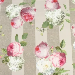 SCHÖNER LEBEN. Tischläufer Outdoor Streifen Hortensien Blätter hellgrau khaki grün pink weiß 40x160cm