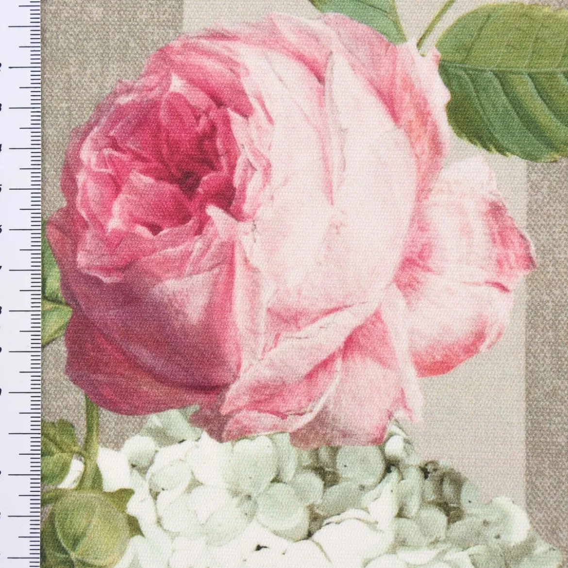 SCHÖNER LEBEN. Tischläufer Outdoor Streifen Hortensien Blätter hellgrau khaki grün pink weiß 40x160cm