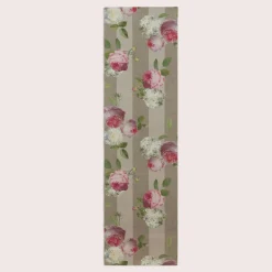 SCHÖNER LEBEN. Tischläufer Outdoor Streifen Hortensien Blätter hellgrau khaki grün pink weiß 40x160cm