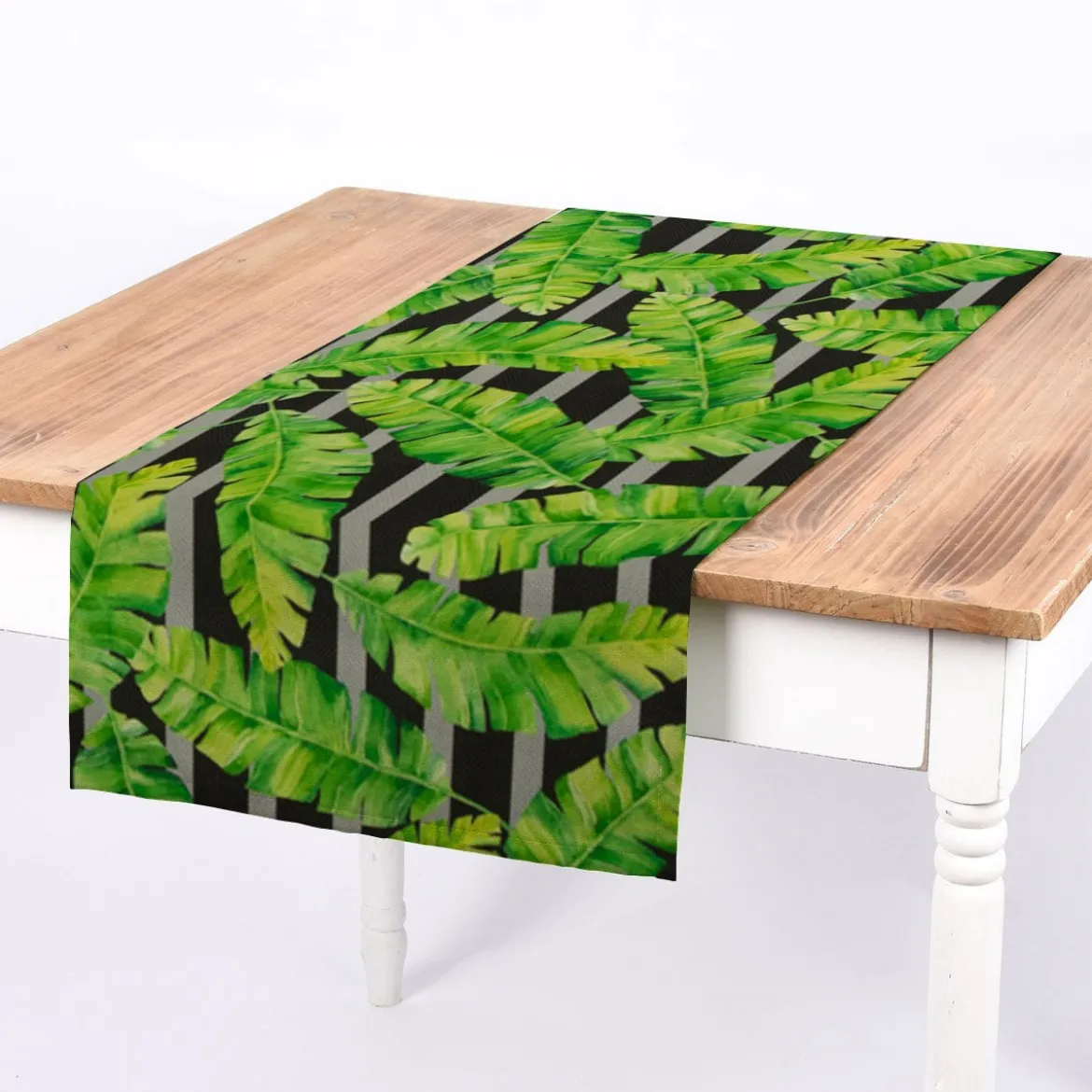 SCHÖNER LEBEN. Tischläufer Outdoor Palmen-Blätter grün schwarz grau 40x160cm