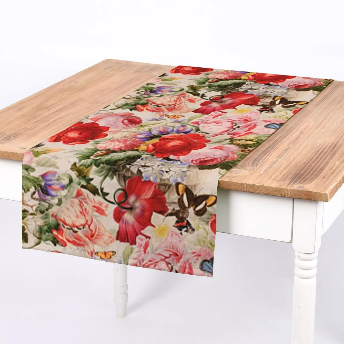 SCHÖNER LEBEN. Tischläufer Outdoor Flowers Painting Blumen Schmetterlinge bunt 40x160cm