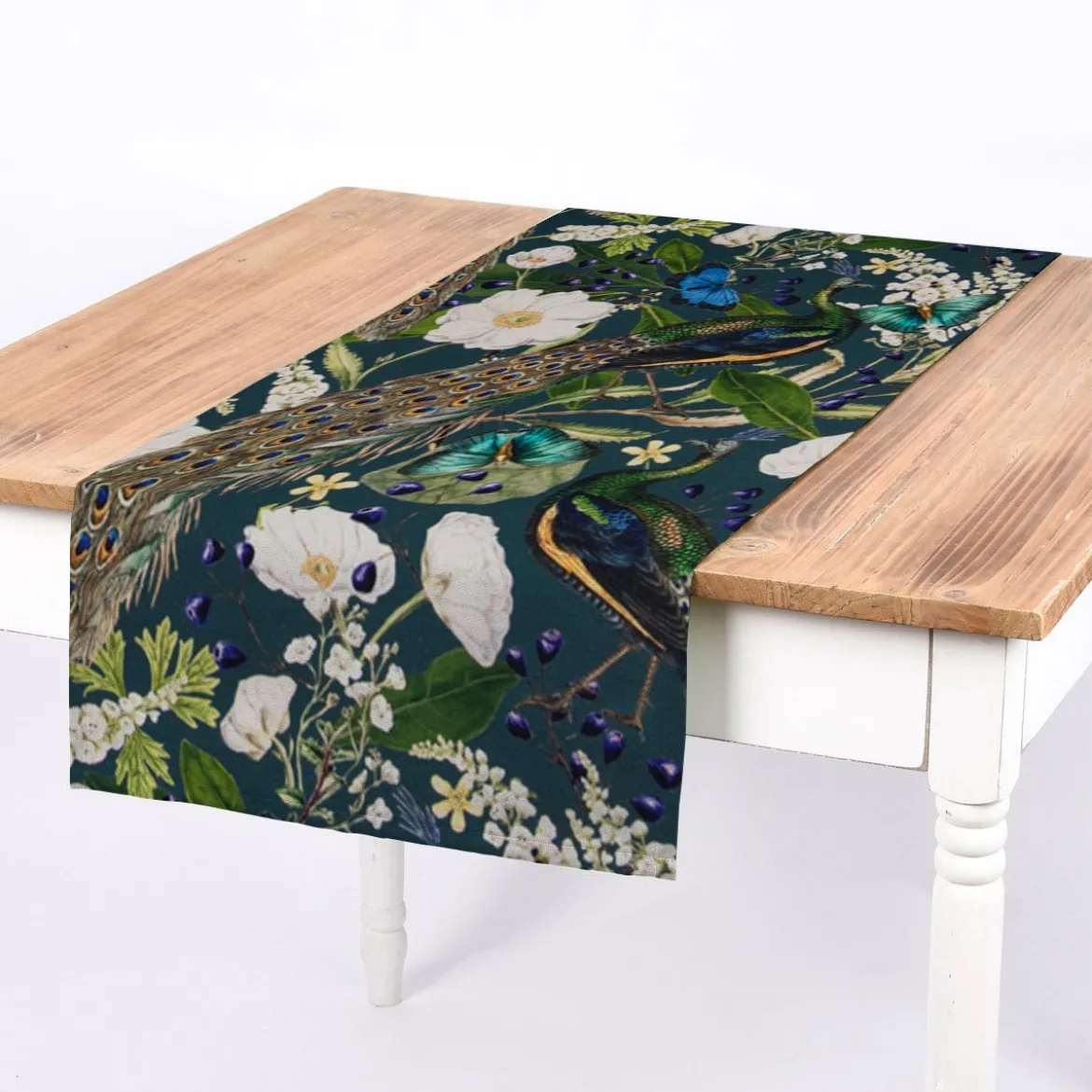 SCHÖNER LEBEN. Tischläufer Pfau Blüten petrol 40x160cm