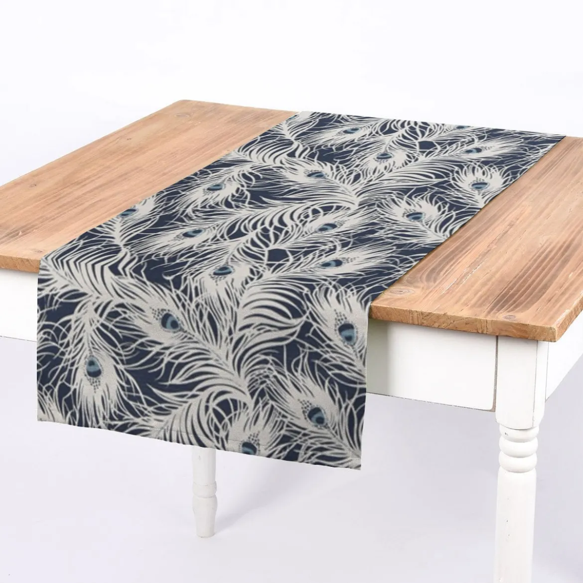 SCHÖNER LEBEN. Tischläufer STUDIO G Federn Pfau dunkelblau weiß blau 40x160cm