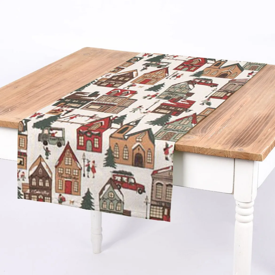 SCHÖNER LEBEN. Tischläufer Winter Village Scene Winterdorf weiß braun rot grün 40x160cm