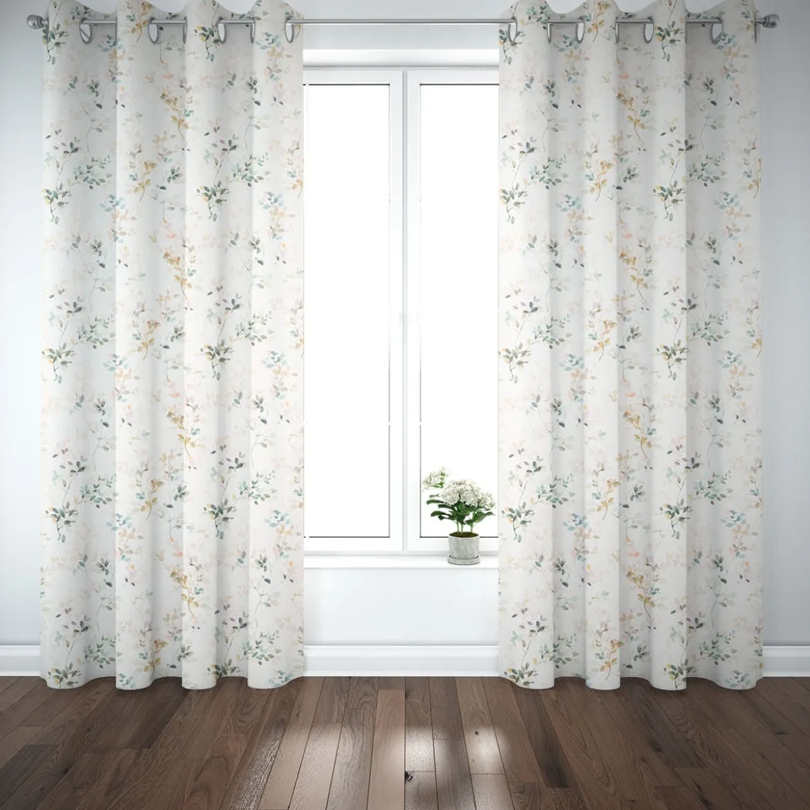 SCHÖNER LEBEN. Vorhang Baumwollstoff Aziza1 Aquarell Blätterzweige Blüten weiß pastell 245cm oder Wunschlänge